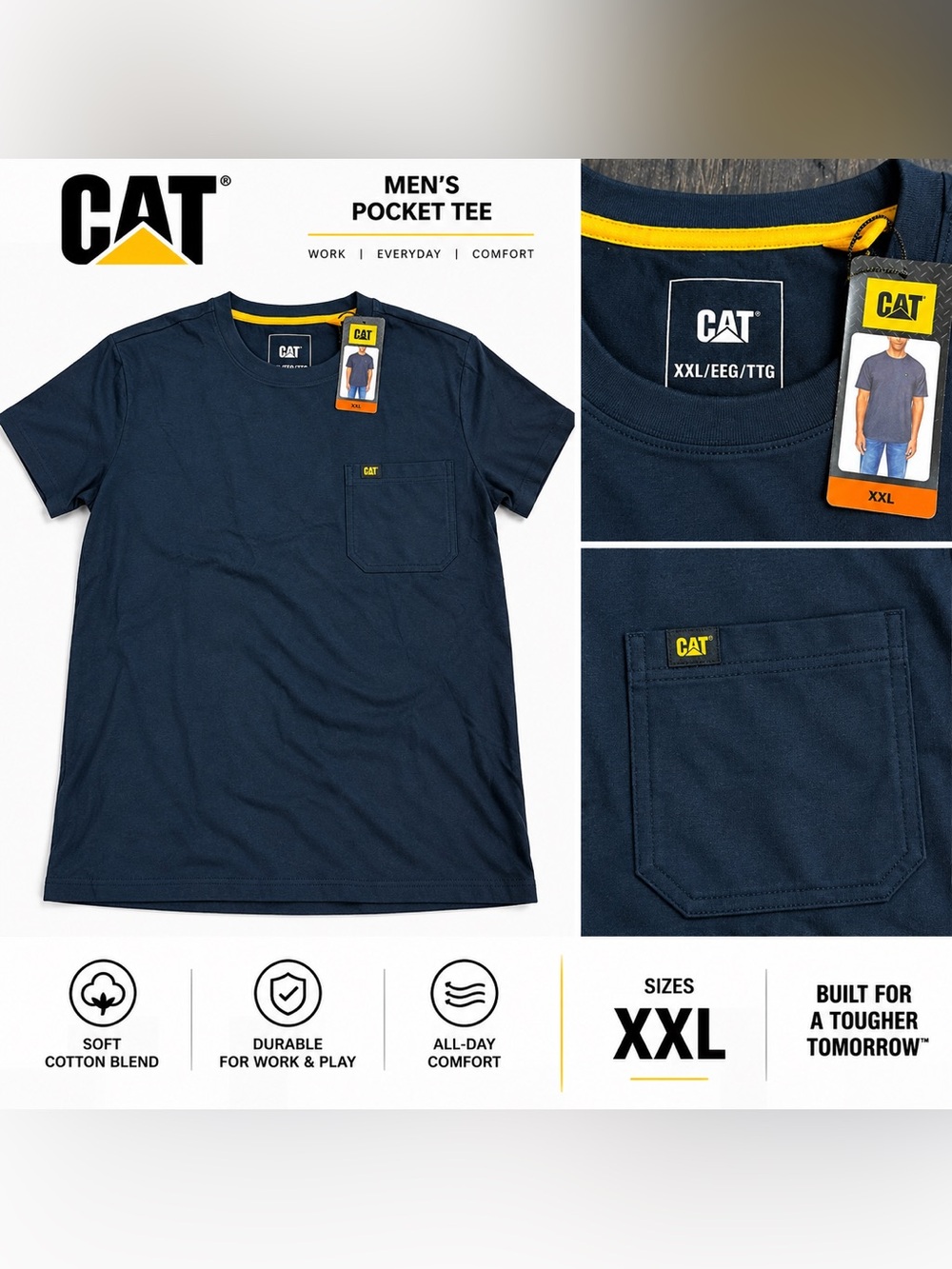 Caterpillar Navy Short Sleeve Pocket Tee with Yellow Trim